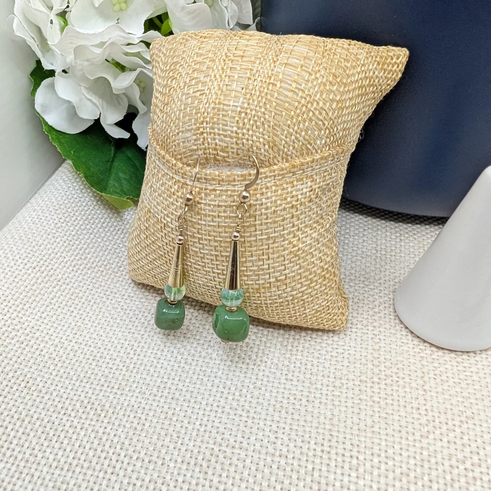 Vintage Handmade Green Glass Dangle Earrings | Boho Drop Style | Lightweight